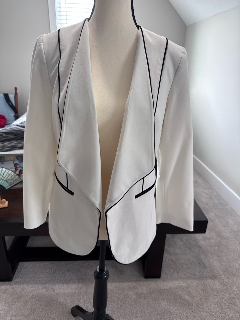 Nine West White Open Draped Blazer with Black Piping
